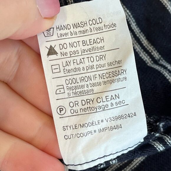 Vince Medium Navy White Striped Linen T-Shirt Roll Cuff Summer Nautical French - Picture 7 of 9